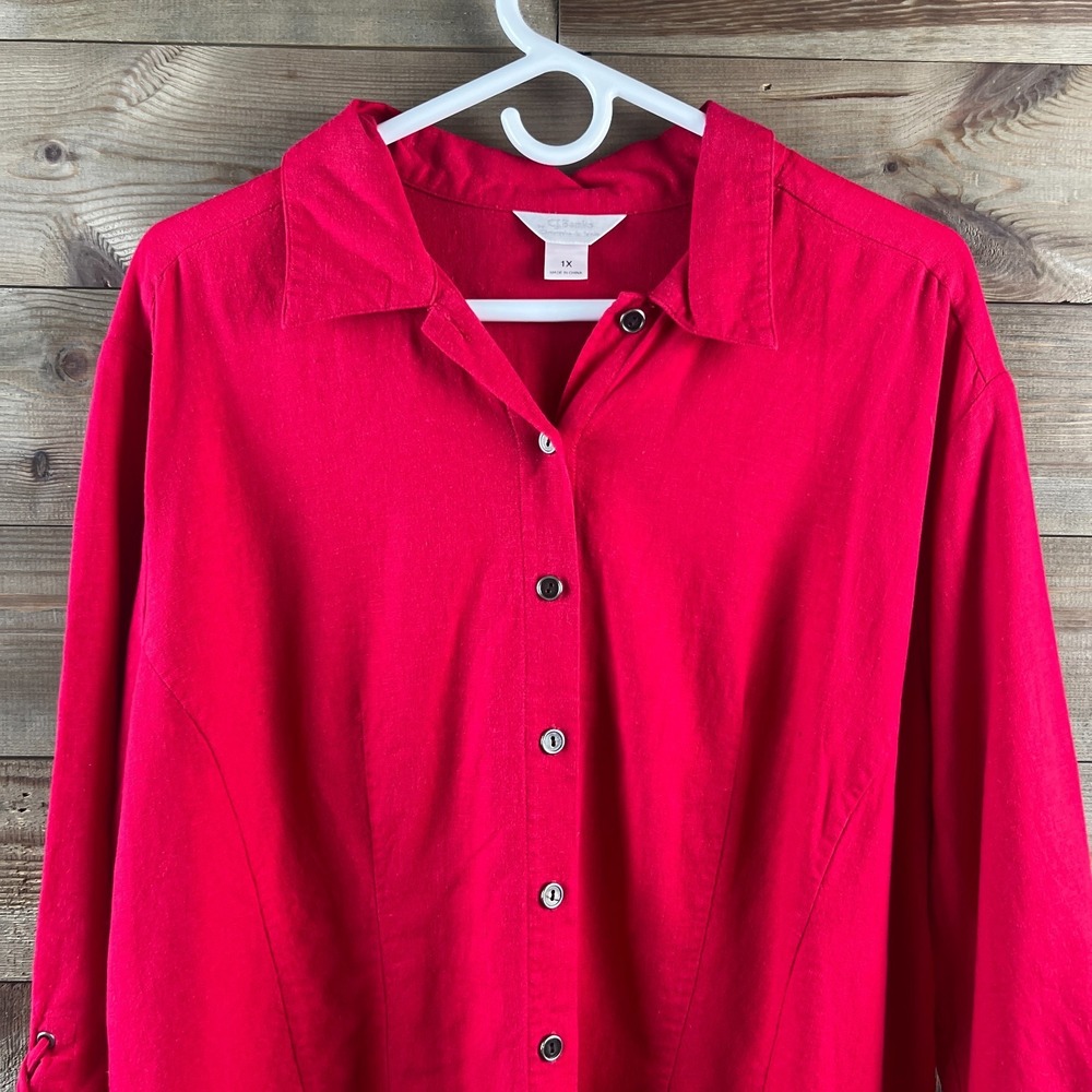 CJ Banks Womens Shirt 3/4 Lace‎ Tie Sleeves Button Up Linen Blend Size 1X - Picture 2 of 8